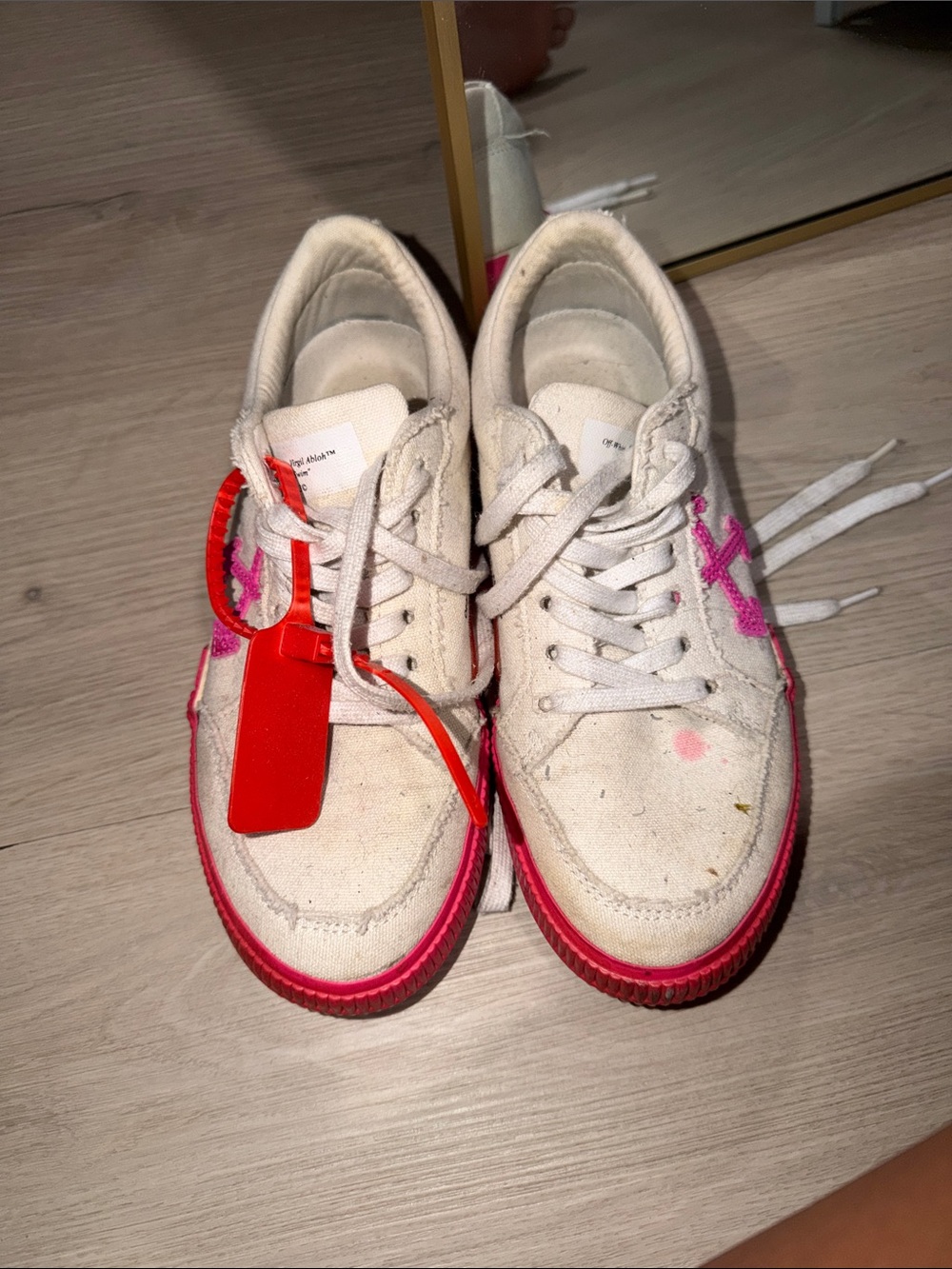 Off-White White Sneakers with Pink and Red Accents